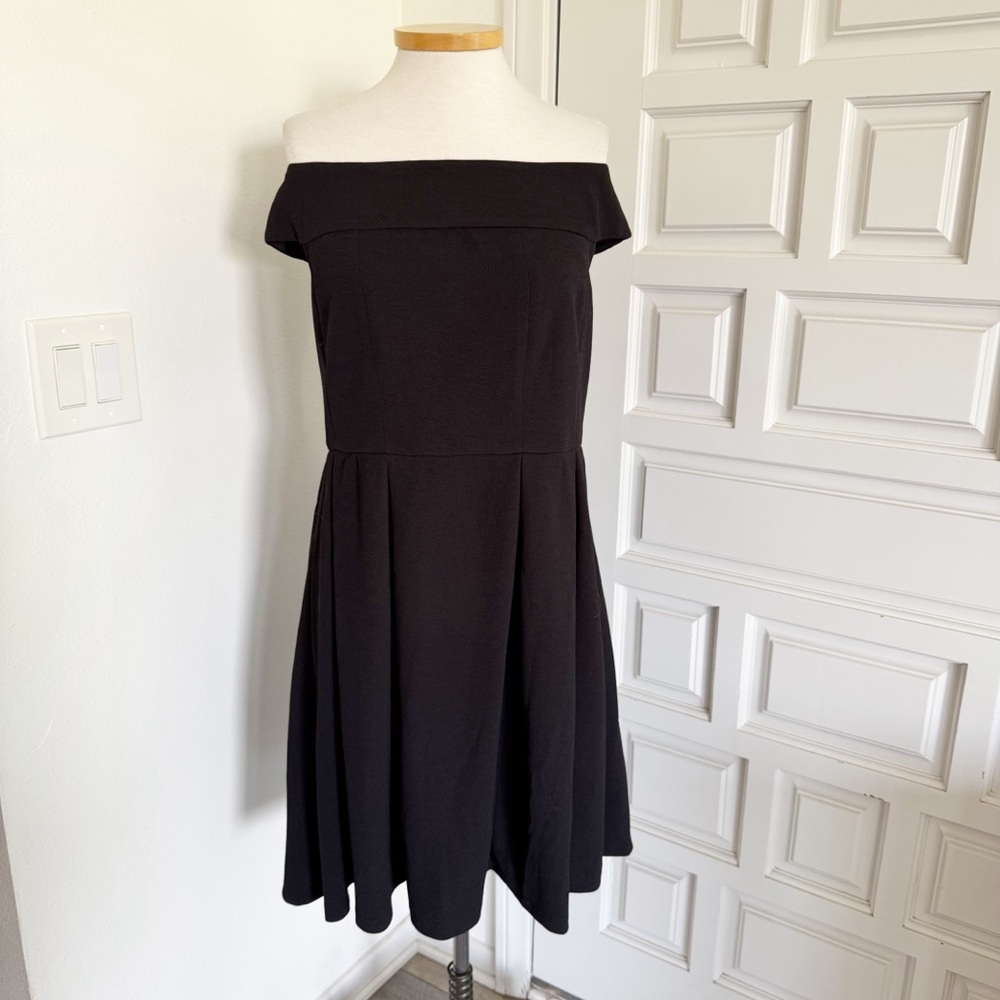NWT White House Black Market Dress Black Pleated Off-Shoulder Size 14